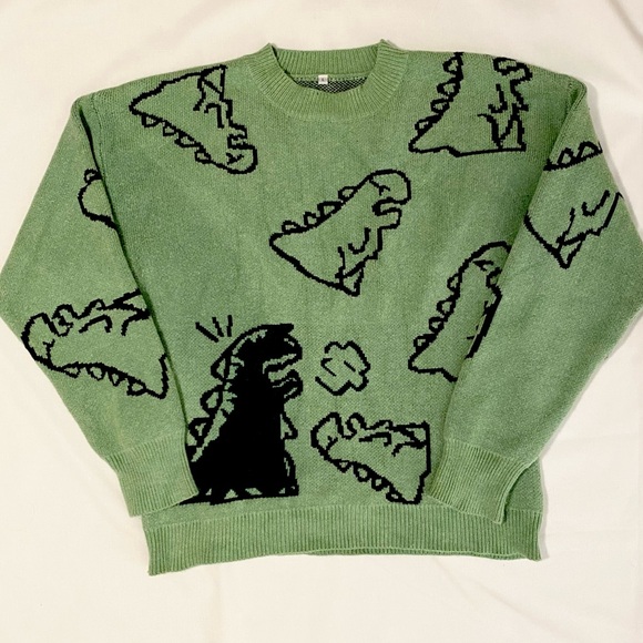Green dinosaur knit sweater size large excellent condition. - Picture 5 of 5